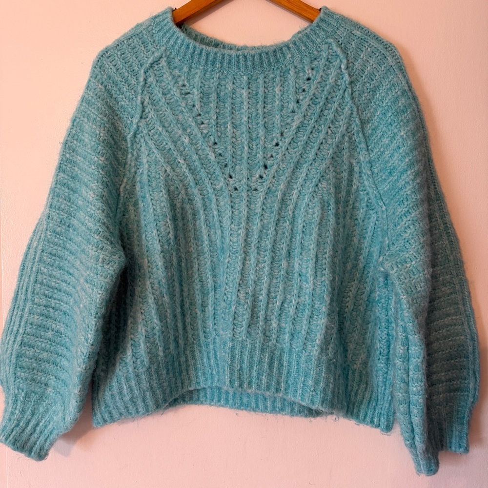 Free People Like New Carter Pullover - Aqua Fur Size S Boxy Fit - Picture 4 of 8